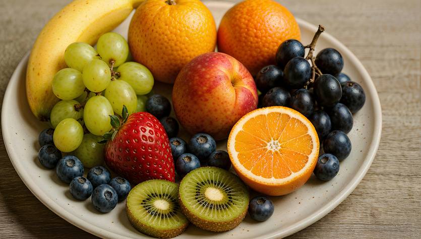 Un plato con una variedad de frutas frescas que incluyen plátano, naranjas, uvas, fresas, kiwis y arándanos.