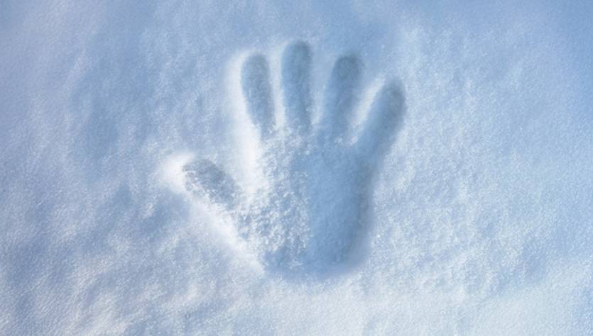 Una mano dejada en la nieve muestra un contraste delicado en un entorno helado.