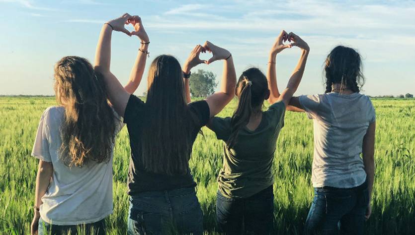 Cuatro personas están de espaldas en un campo, formando corazones con sus manos hacia el cielo.