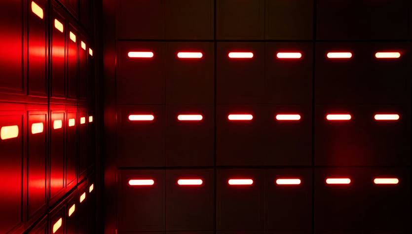 La imagen muestra una serie de paneles con luces rojas en un ambiente oscuro.