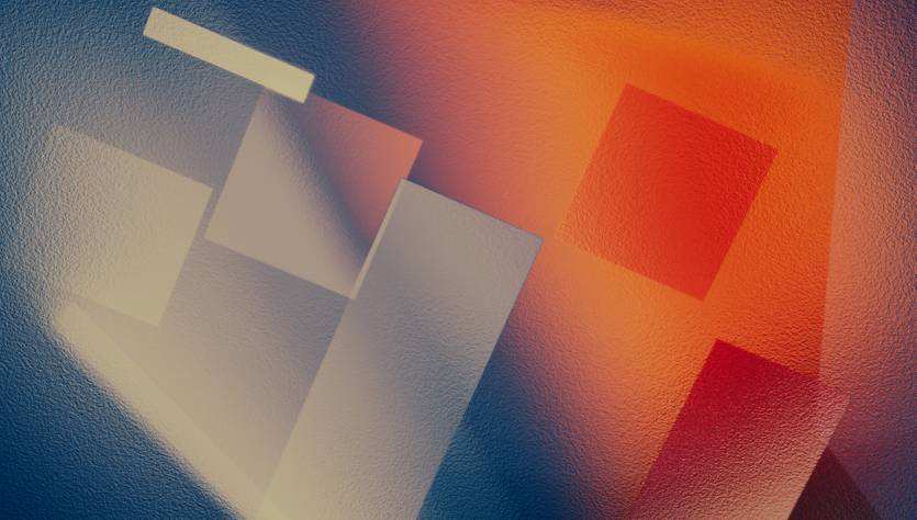 Una composición abstracta con formas geométricas en tonos cálidos y fríos sobre un fondo texturizado.