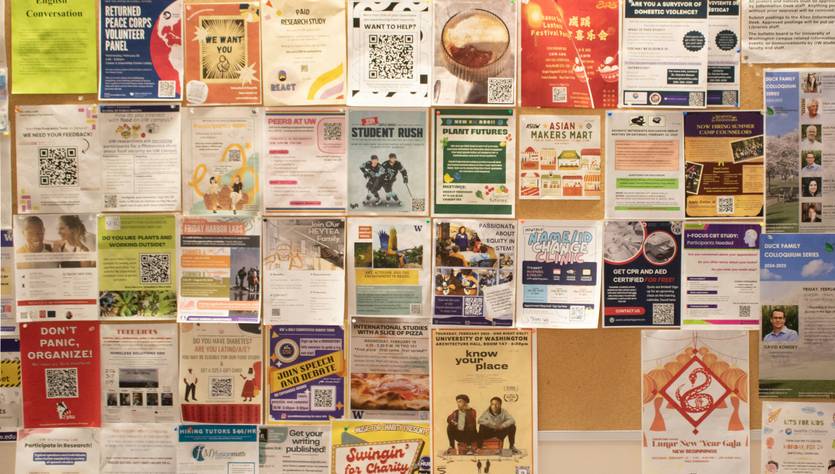 Una pared llena de carteles y anuncios diversos.
