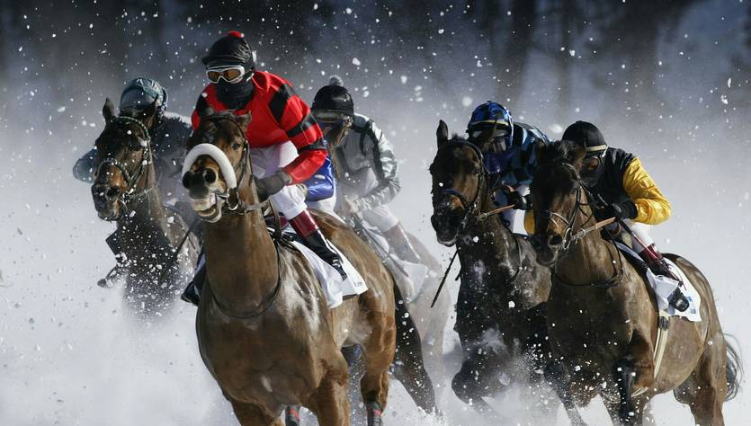 Una competencia de caballos en la nieve con jinetes en acción.