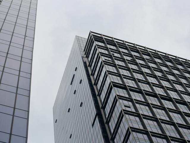 La imagen muestra un ángulo bajo de edificios de vidrio en un día nublado.