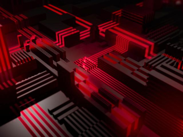 Una imagen abstracta que muestra un diseño tecnológico con líneas rojas sobre un fondo oscuro.