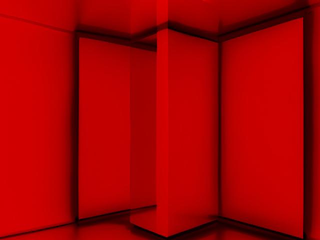 La imagen muestra un espacio abstracto y completamente rojo con formas geométricas.