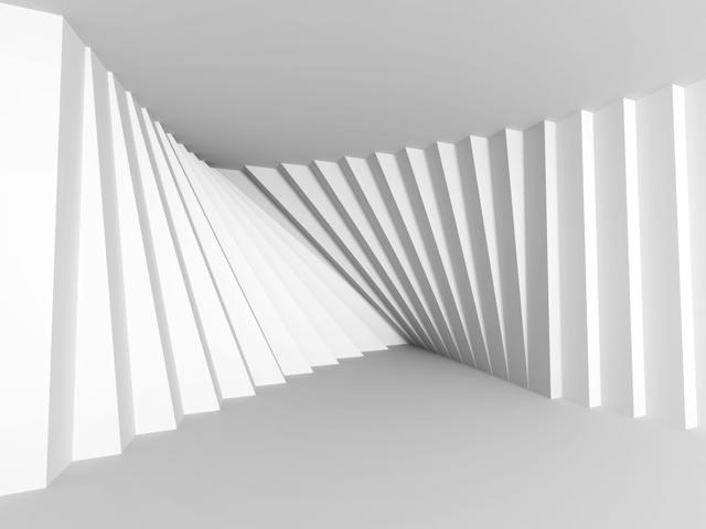 Un espacio arquitectónico abstracto con paredes en ángulo y una paleta de colores blancos.
