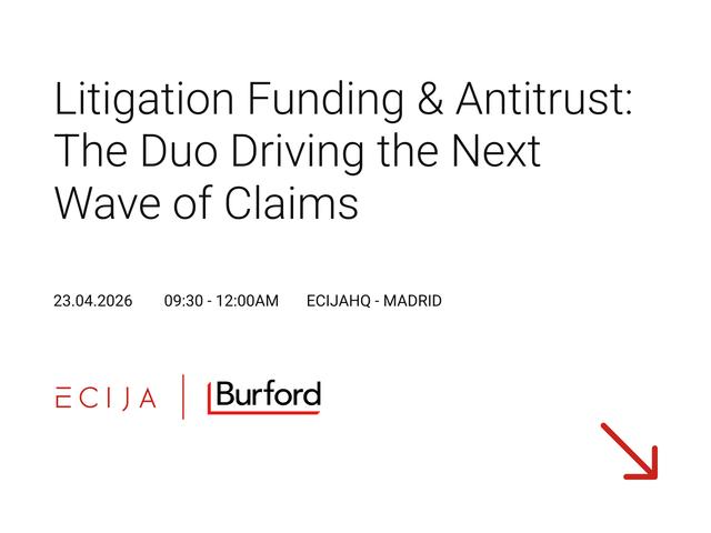 Anuncio sobre un evento relacionado con financiación de litigios y antimonopolio en Madrid.
