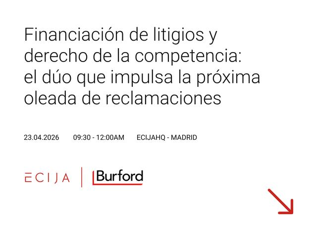 Anuncio de un evento sobre financiación de litigios y derecho de la competencia en Madrid.