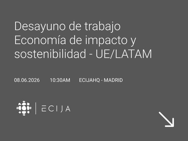 Anuncio de un desayuno de trabajo sobre economía de impacto y sostenibilidad en Madrid.