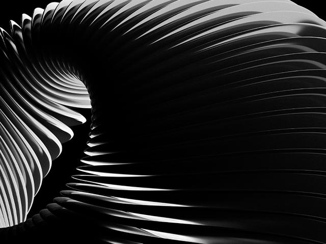 La imagen muestra una estructura en forma de espiral con estrías, en blanco y negro, que evoca una sensación de movimiento y fluidez.