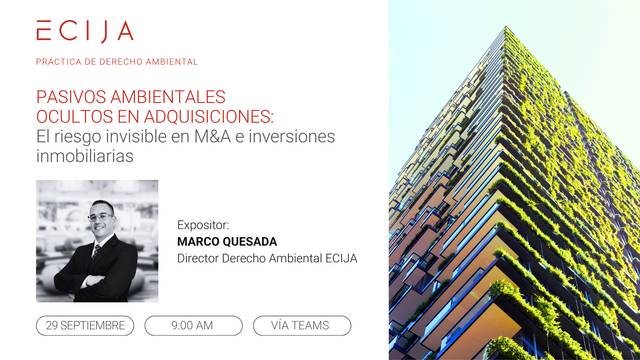Anuncio de un evento sobre pasivos ambientales en adquisiciones con un expositor destacado.