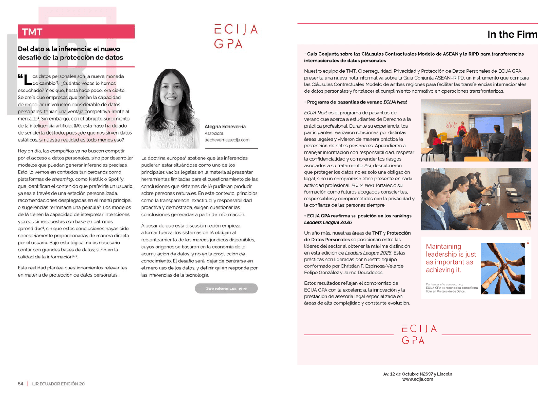 La imagen presenta un artículo sobre la protección de datos en un contexto empresarial con una fotografía de una mujer y un grupo de personas trabajando juntos.