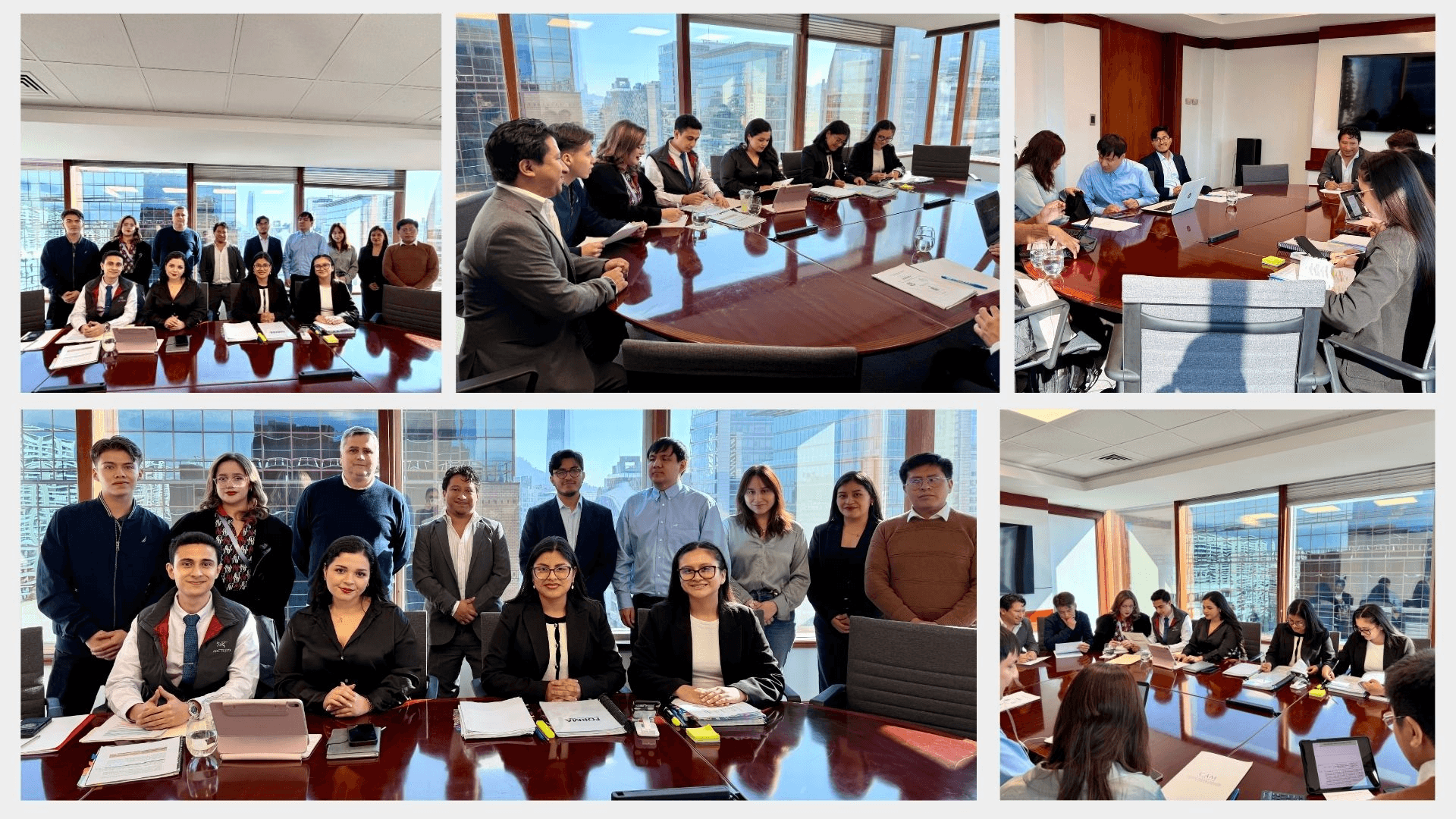 Un grupo de personas se reúne en una sala de juntas con una mesa grande y ventanas que muestran un paisaje urbano.