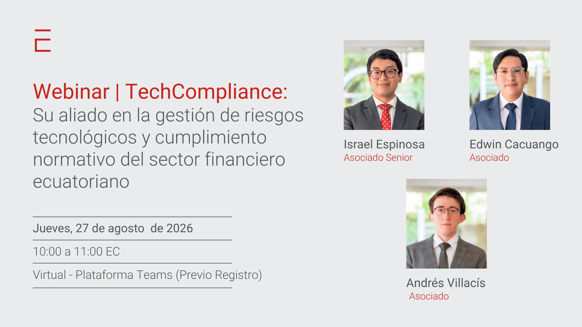 Anuncio de un webinar sobre la gestión de riesgos tecnológicos en el sector financiero ecuatoriano.