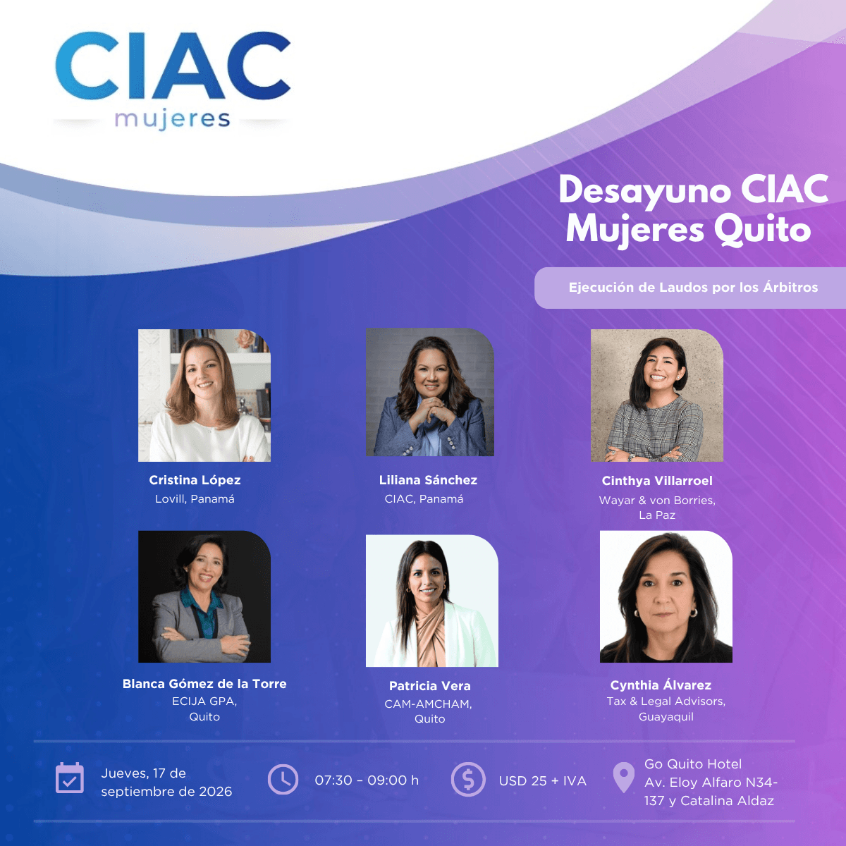 Imagen promocional de un desayuno titulado 'Desayuno CIAC Mujeres Quito' con varias participantes y detalles del evento.