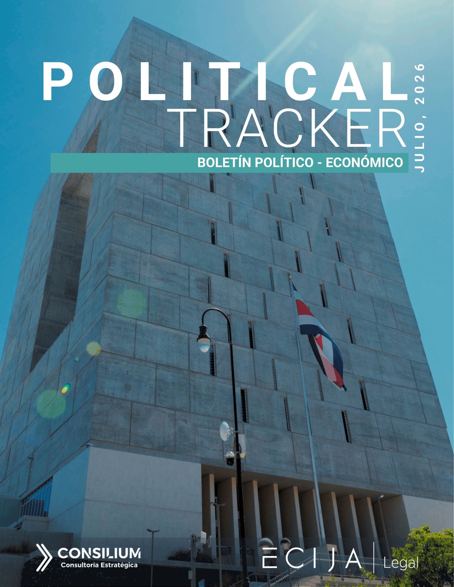 Imagen de un boletín político-económico titulado 'Political Tracker' con un edificio moderno de fondo y una bandera.